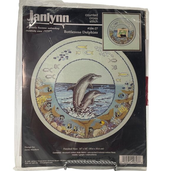 VTG 90's Janlynn Bottlenose Dolphins Counted Cross Stitch Kit 14"x14" Ocean - Picture 1 of 8